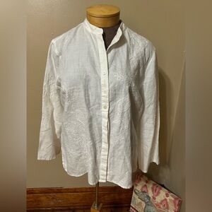 Liz Claiborne XL Linen Feminine Romantic Floral Embroidered Floral White Shirt